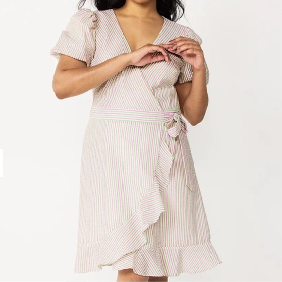 DRAPER JAMES Puff Sleeve Wrap Pink Green Stripe Preppy Dress Size Large - Picture 1 of 7